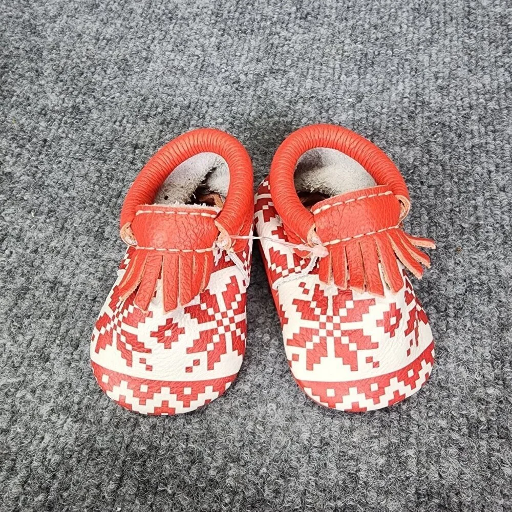 Freshly Picked Baby City Moccasins size 1 Red and white Fringe Leather Christmas